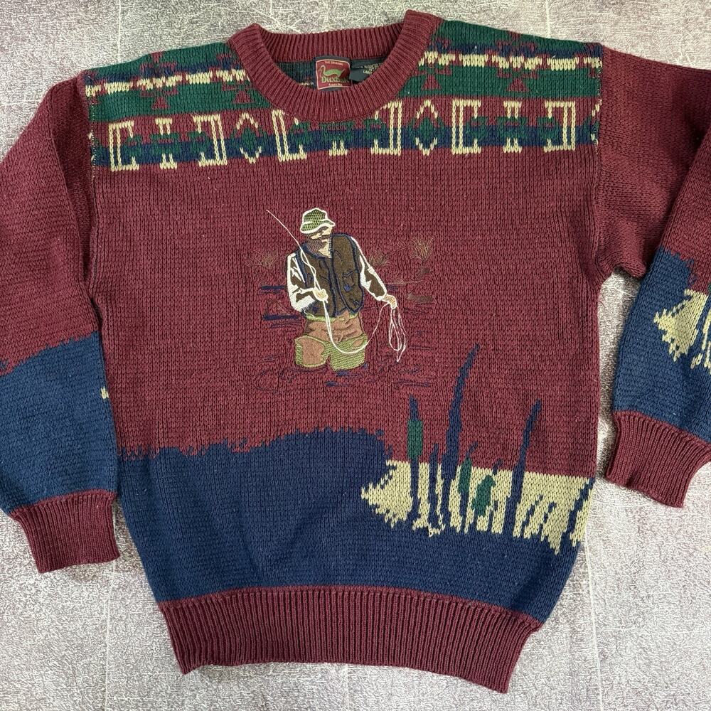 Men's Vintage 90's Duxbak Maroon Fly Fisherman Pullover Crewneck Sweater Sz L